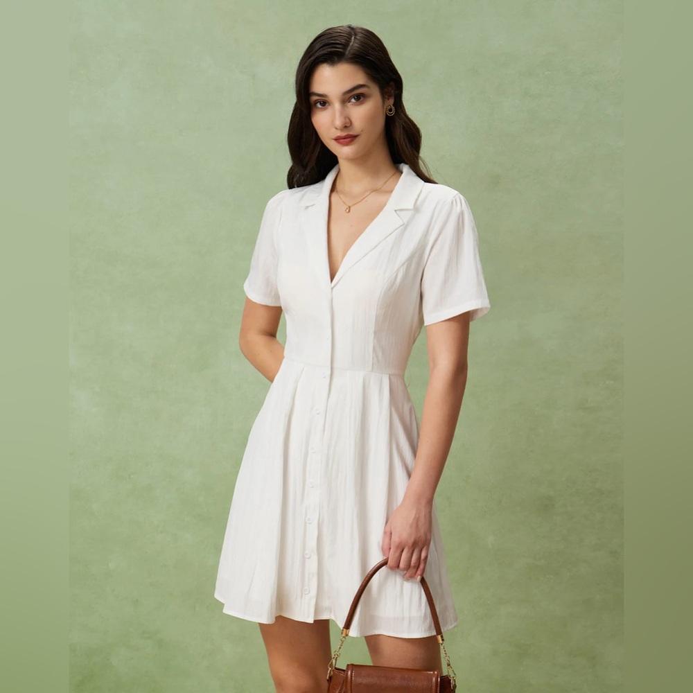 Rihoas White Puffed Sleeve Button Mini Dress